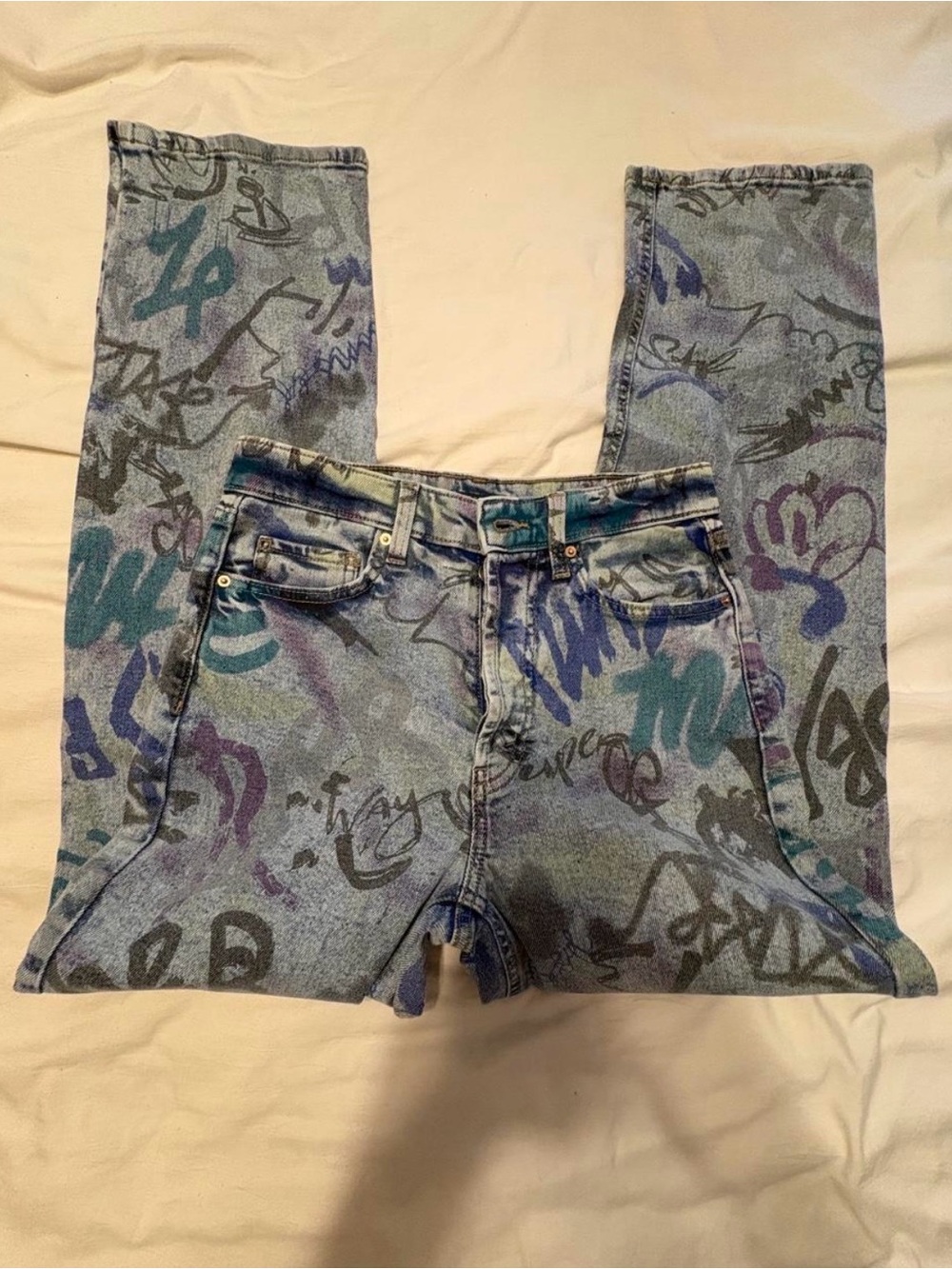 wild fable Blue Graffiti-Print Straight Leg Jeans